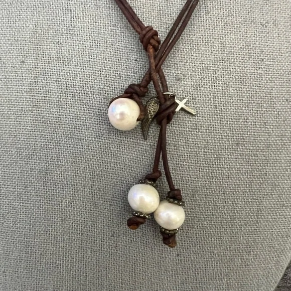 Genuine Brown Leather and White Pearl w Cross w Feather Necklace - Picture 2 of 6